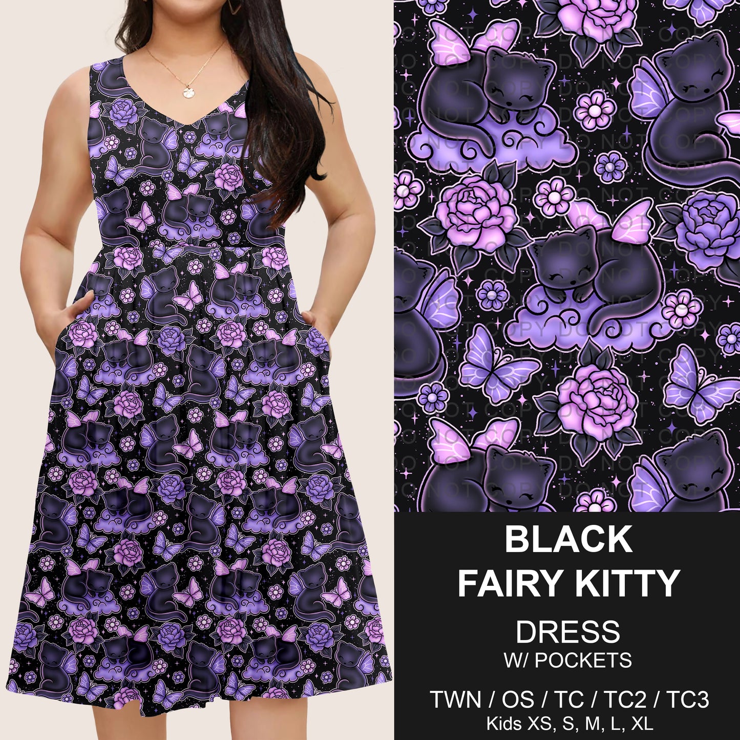 B275 - Preorder Black Fairy Kitty Sleeveless Pocket Dress (Closes 2/25. ETA: early May)