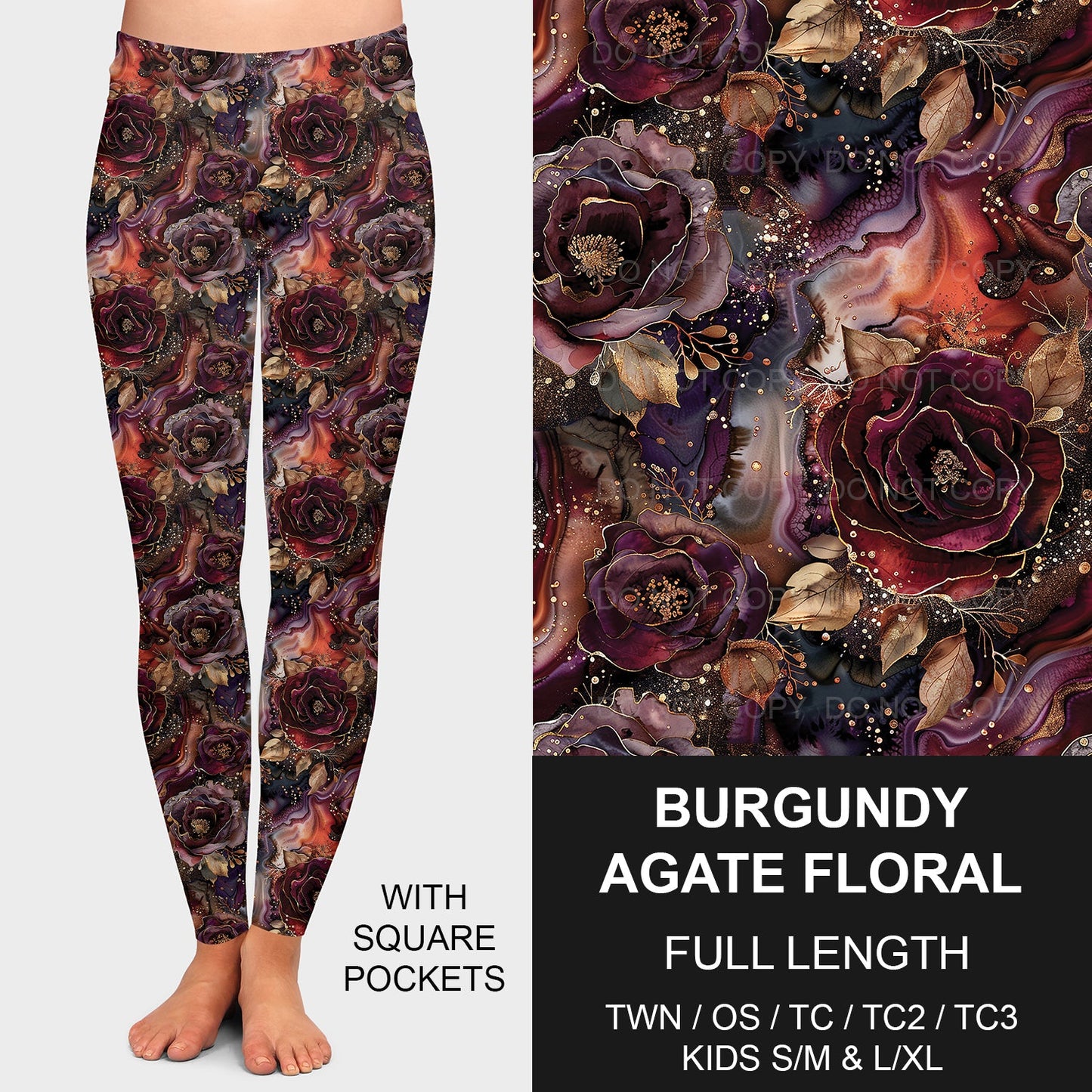 B204 - Preorder Burgundy Agate Floral Leggings w/ Pockets (Closes 1/05. ETA late March)