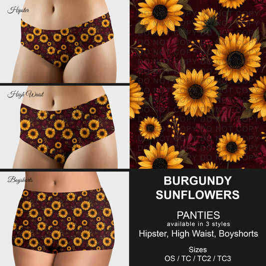 B306 - Preorder Burgundy Sunflowers Panties (Closes 8/07. ETA mid October)