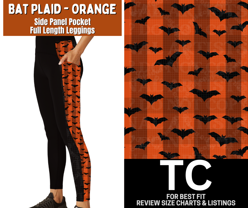 Bat Plaid - Orange Side Panel Pocket Full Length Leggings