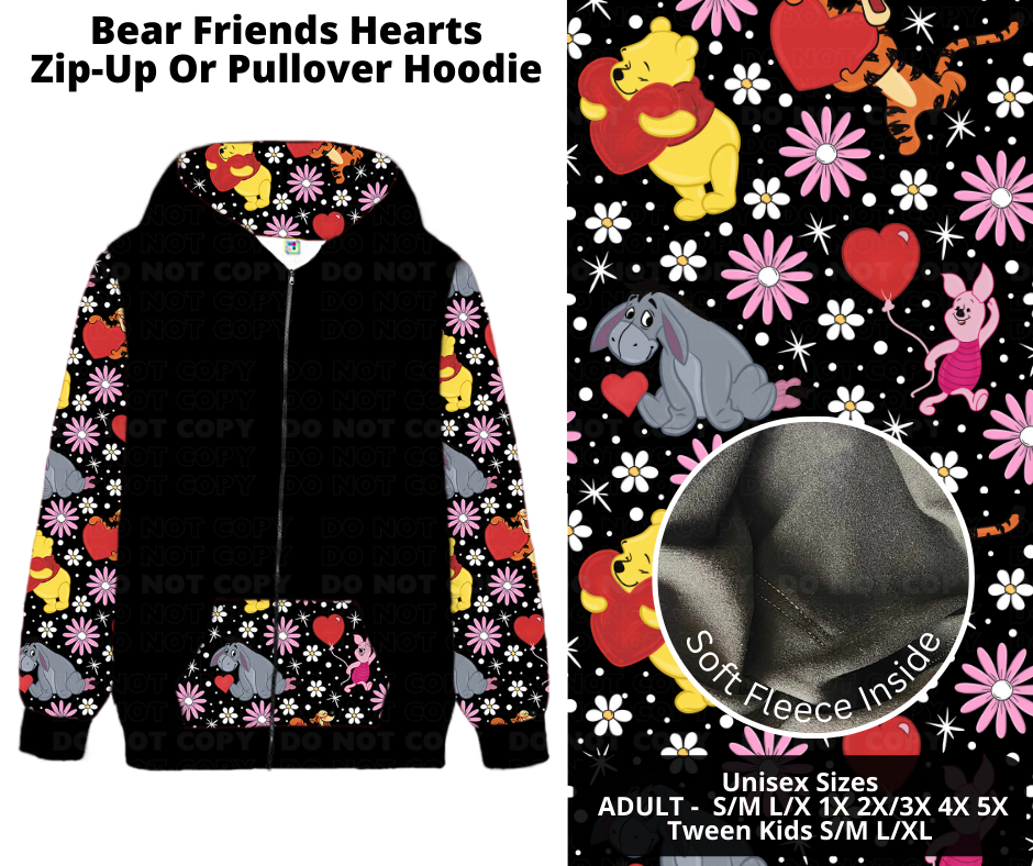 Preorder! Closes 11/28. ETA Feb. Bear Friends Hearts Zip-Up or Pullover Hoodie