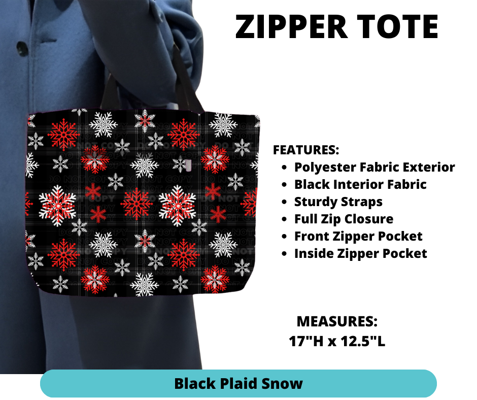 Black Plaid Snow Zipper Tote