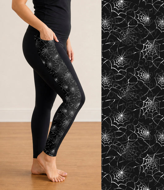 RTS - Black and White Webs Halloween Side Panel Leggings with Pockets