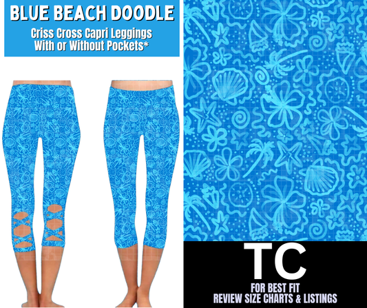 Blue Beach Doodle Criss Cross Capri w/ Pockets