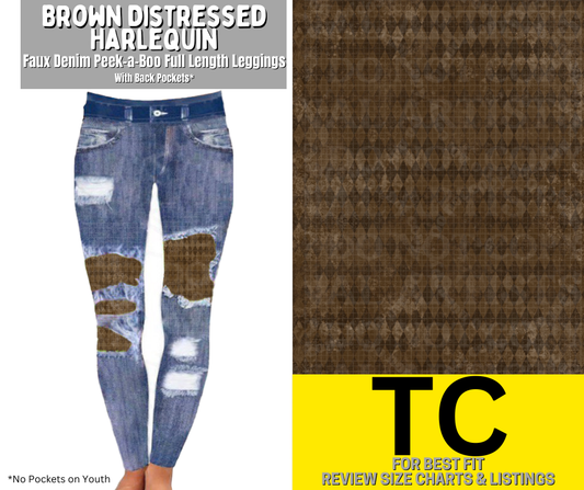 Brown Distressed Harlequin Faux Denim Full Length Peekaboo Leggings