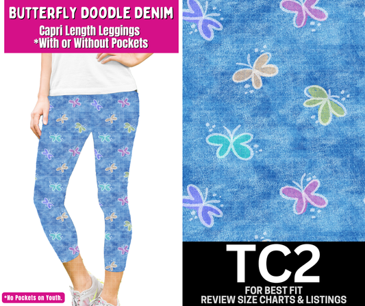 Butterfly Doodle Denim Capri Length Leggings w/ Pockets