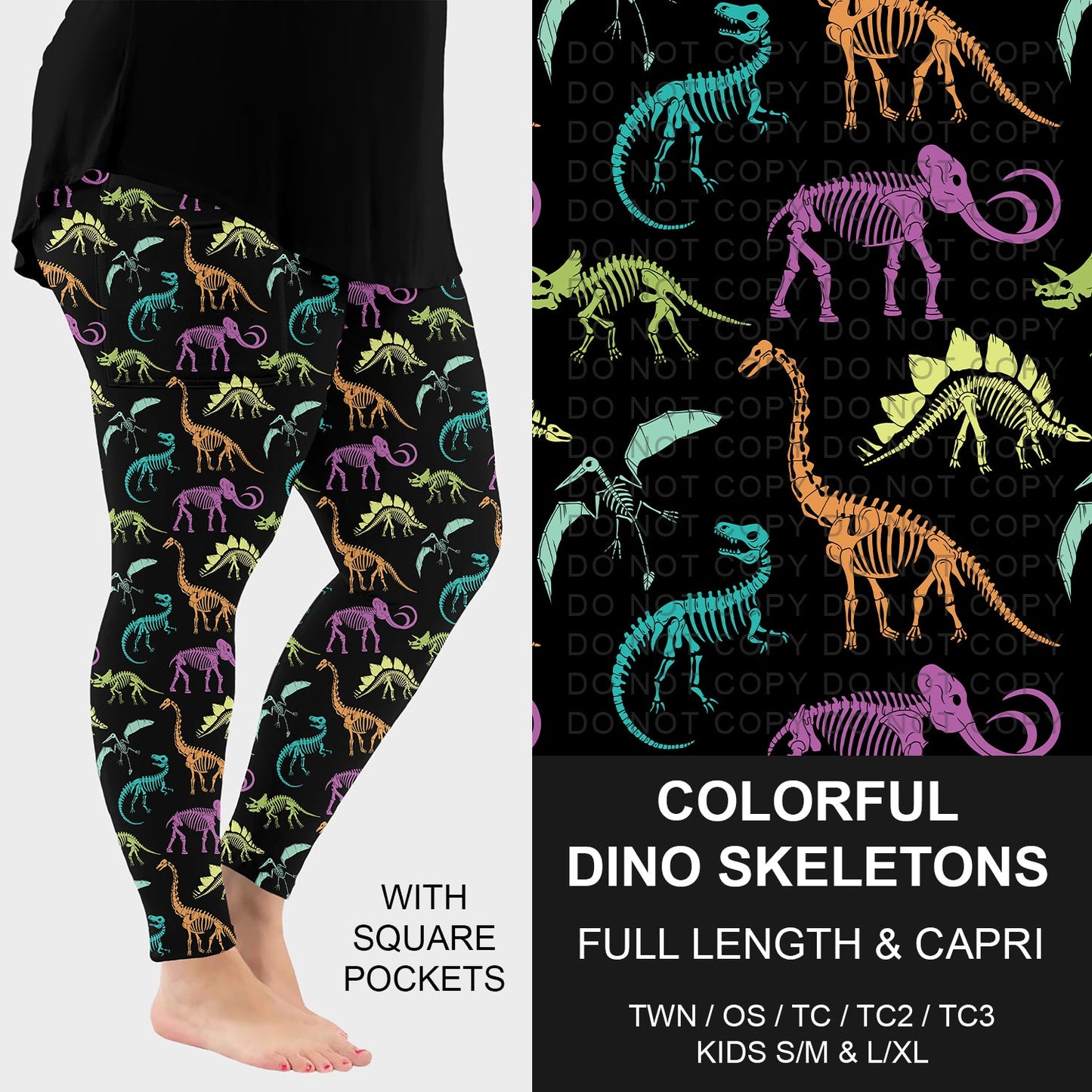 B293 - Preorder Colorful Dino Skeletons Leggings w/ Pockets (Closes 5/31. ETA: early Aug.)