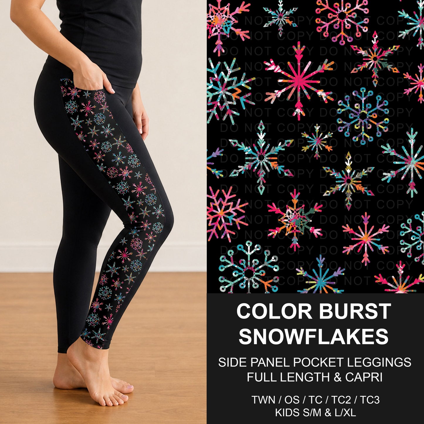 B303 - Preorder Color Burst Snowflakes Side Panel Pocket Leggings (Closes 7/26. ETA: early Oct.)