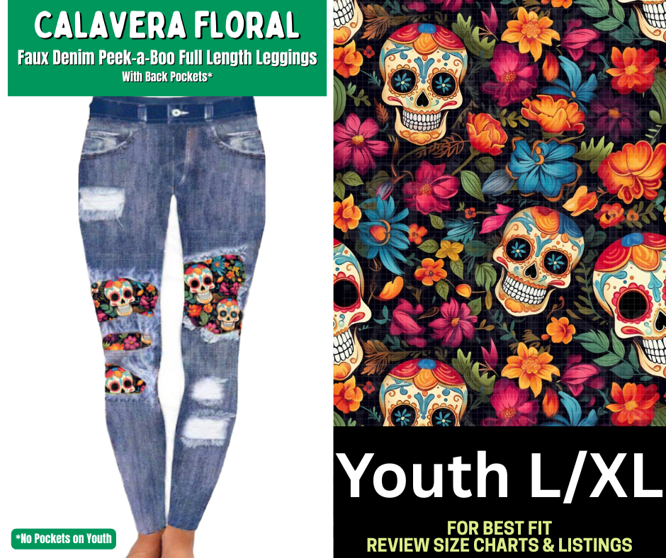 Calavera Floral Faux Denim Full Length Peekaboo Leggings