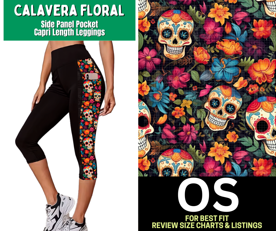 Calavera Floral Side Panel Pocket Capri Length Leggings