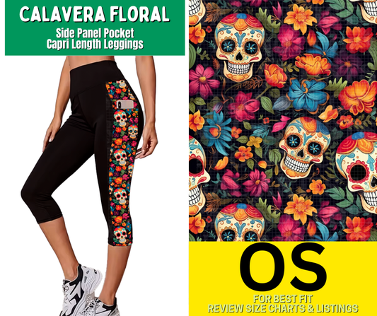 Calavera Floral Side Panel Pocket Capri Length Leggings