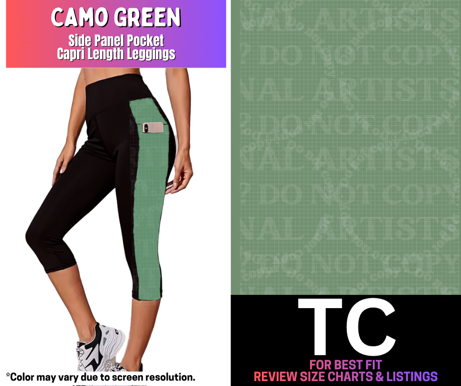 Camo Green Side Panel Pocket Capri Length Leggings