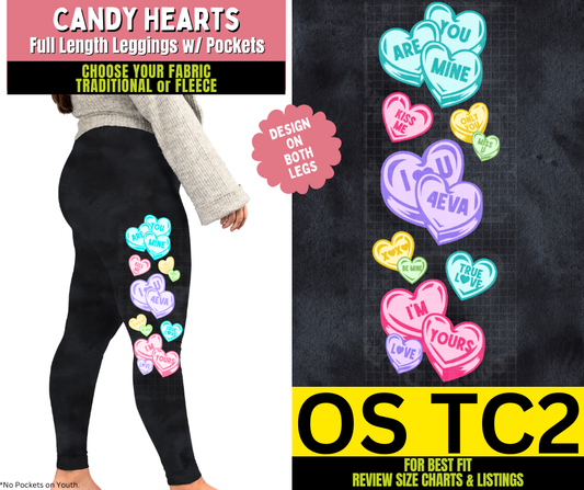 Candy Hearts Watercolor Leggings w/ Side Leg Designs Choose Fleece or Traditional