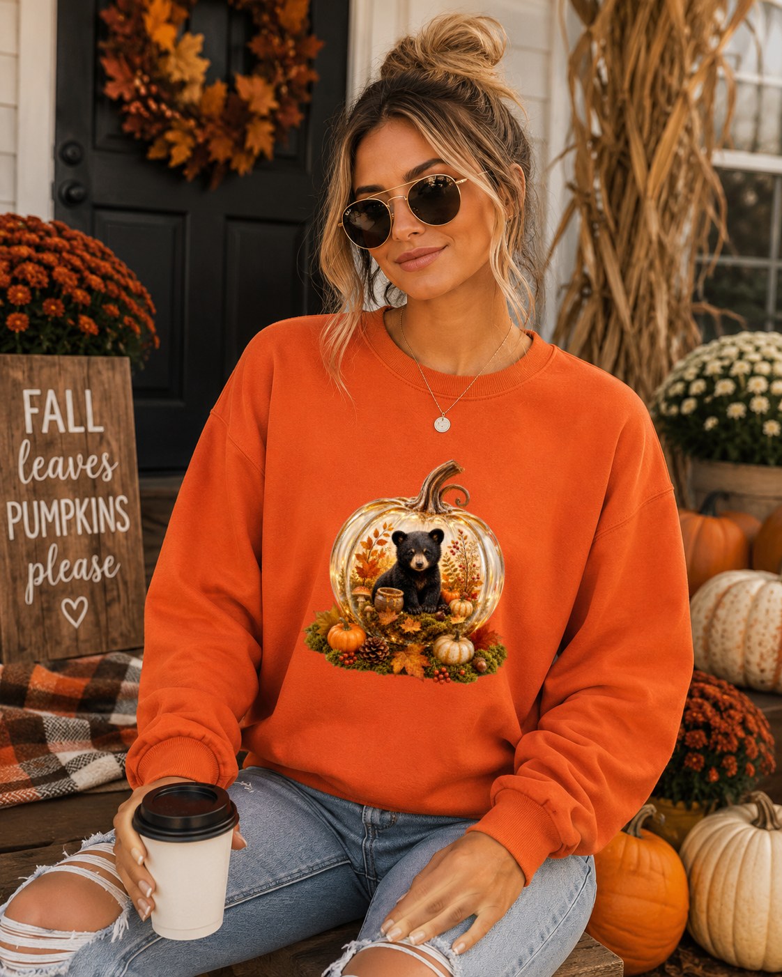 Cozy Pumpkin Fall Black Bear Sweatshirt