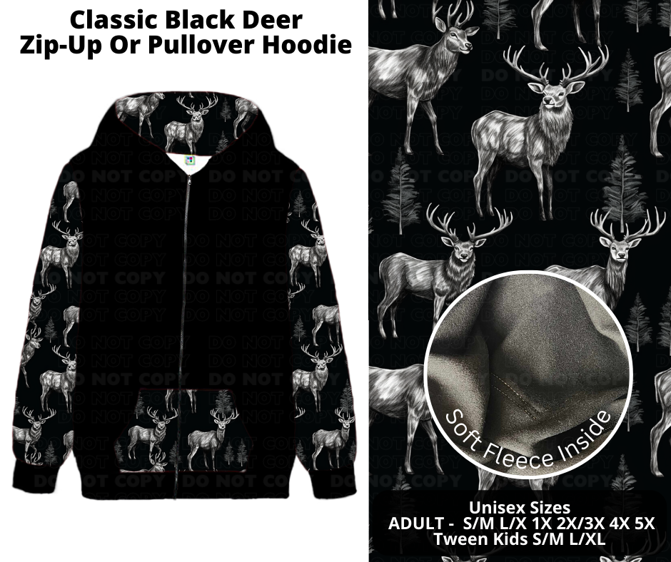 Preorder! Closes 11/27. ETA Feb. Classic Black Deer Zip-Up or Pullover Hoodie