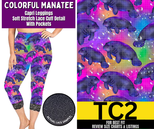 Colorful Manatee Lace Cuff Capris w/ Pockets