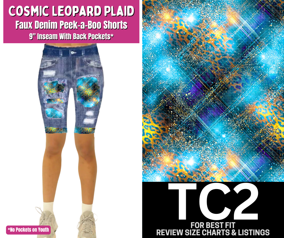 Cosmic Leopard Plaid Faux Denim Peekaboo Jamaica Shorts