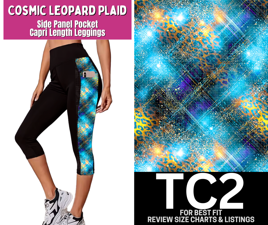 Cosmic Leopard Plaid Side Panel Pocket Capri Length Leggings
