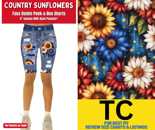 Country Sunflowers Faux Denim Peekaboo Jamaica Shorts