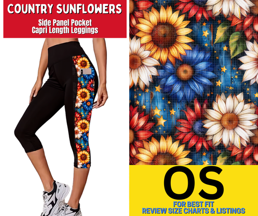 Country Sunflowers Side Panel Pocket Capri Length Leggings