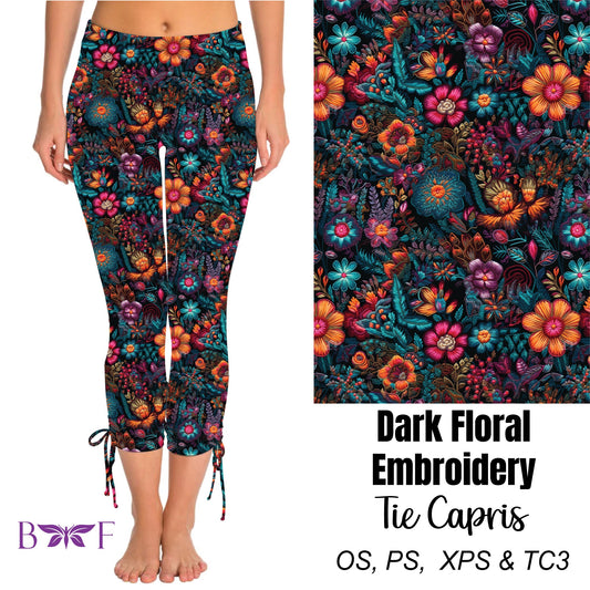 Dark Floral Embroidery Side Tie Capris