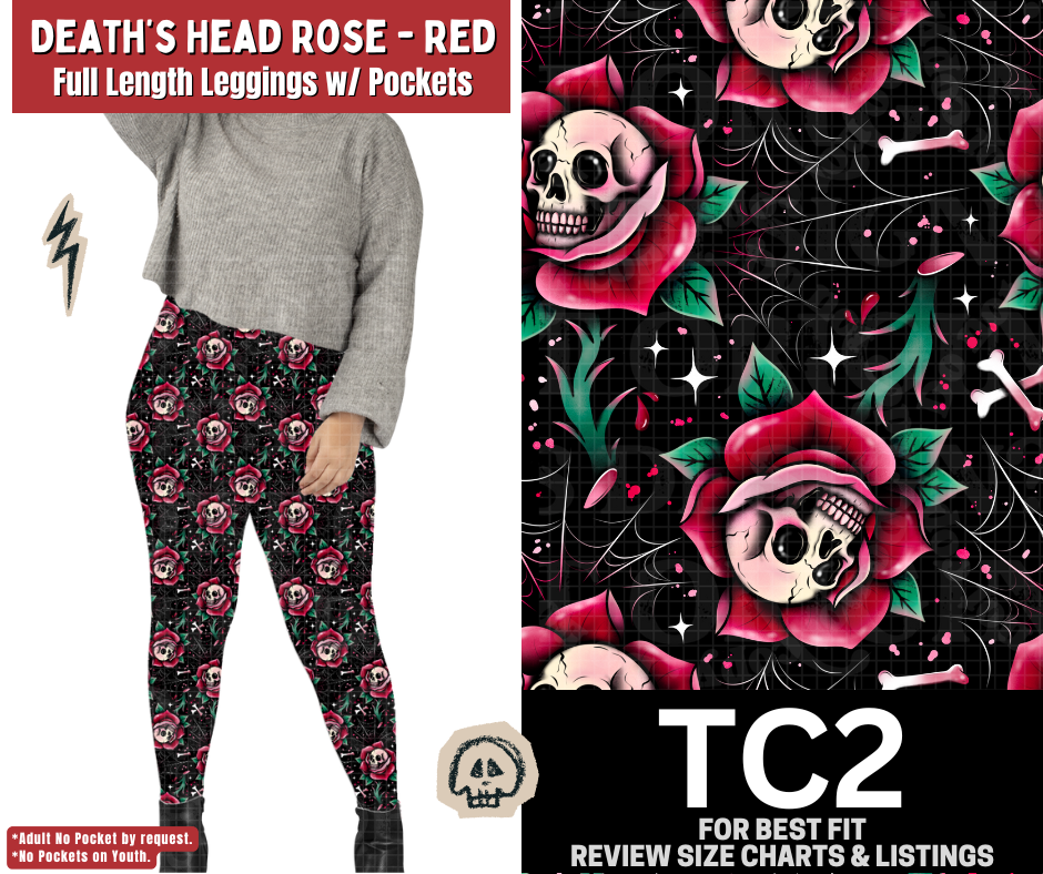 Death's Head Rose - Red Full Length Leggings w/ Pockets