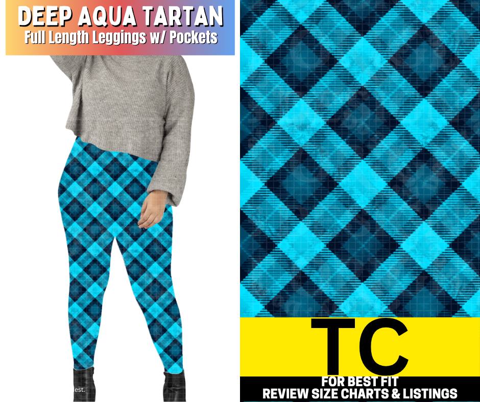 Deep Aqua Tartan Leggings Choose Fleece or Traditional
