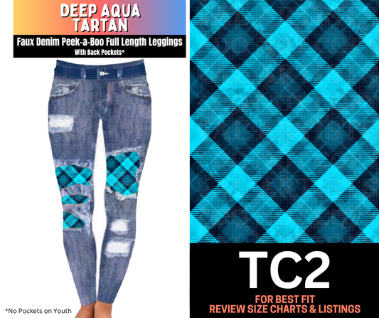 Deep Aqua Tartan Faux Denim Full Length Peekaboo Leggings