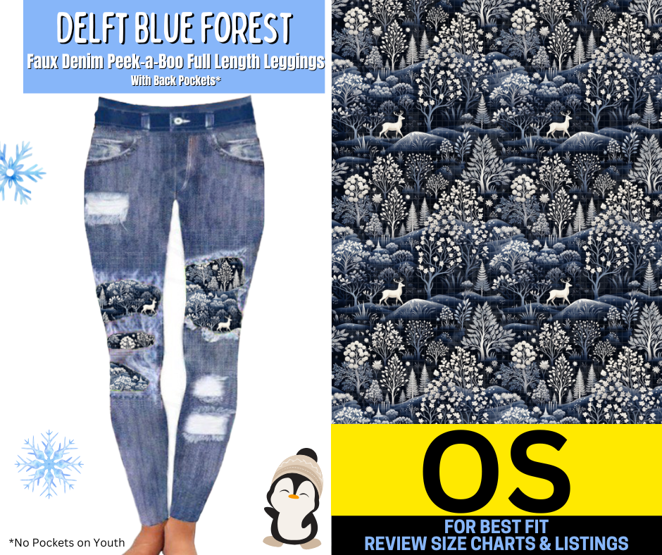 Delft Blue Forest Faux Denim Full Length Peekaboo Leggings
