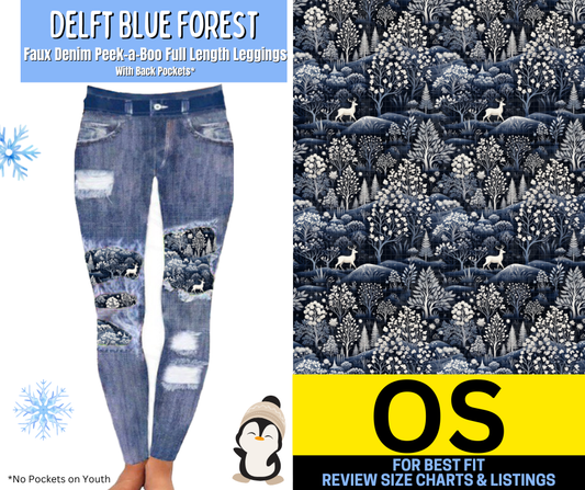 Delft Blue Forest Faux Denim Full Length Peekaboo Leggings