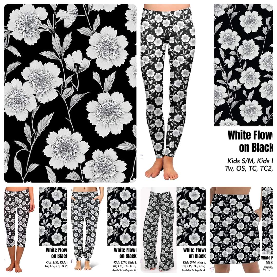 White flower on black leggings and capris with pockets