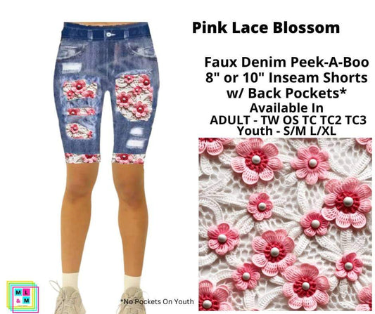 Preorder! Closes 5/13. ETA July. Pink Lace Blossom 8" or 10" Inseam Faux Denim Shorts