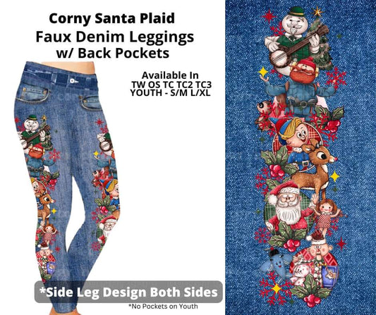 Corny Santa Plaid Full Length Faux Denim w/ Side Leg Designs