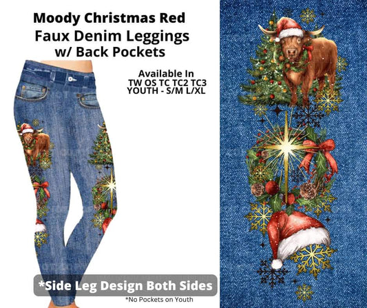 Moody Christmas Red Full Length Faux Denim w/ Side Leg Designs