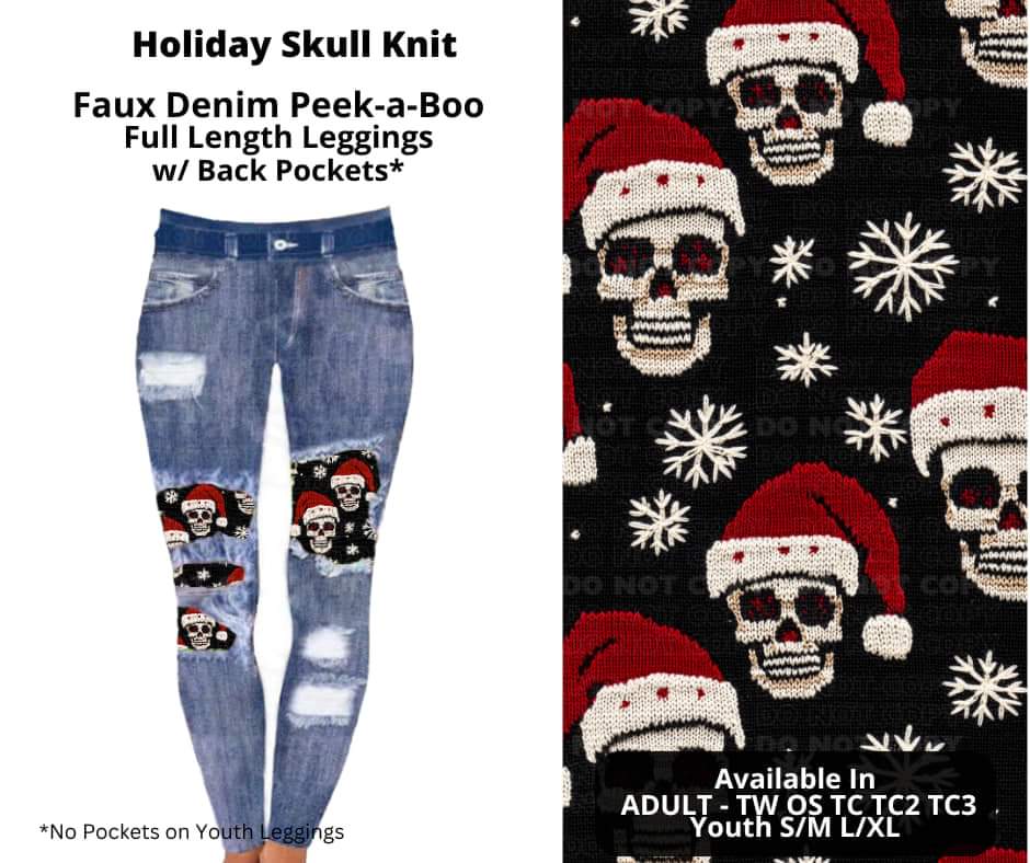 Holiday Skull Knit Faux Denim Full Length Peekaboo Leggings