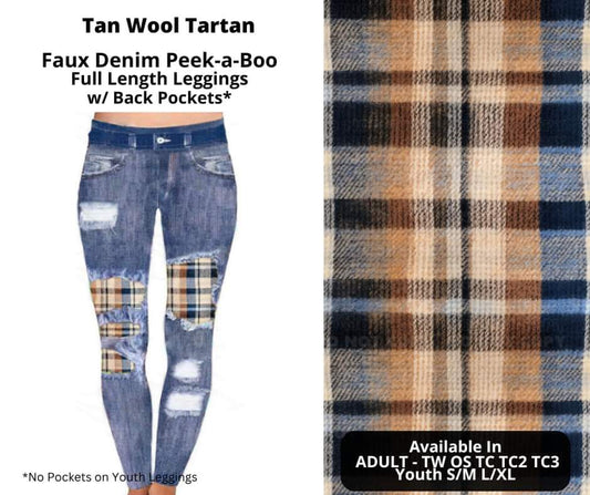 Tan Wool Tartan Faux Denim Full Length Peekaboo Leggings