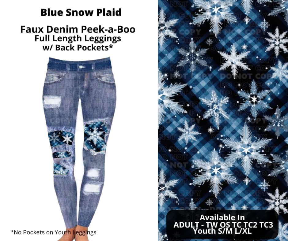 Blue Snow Plaid Faux Denim Full Length Peekaboo Leggings