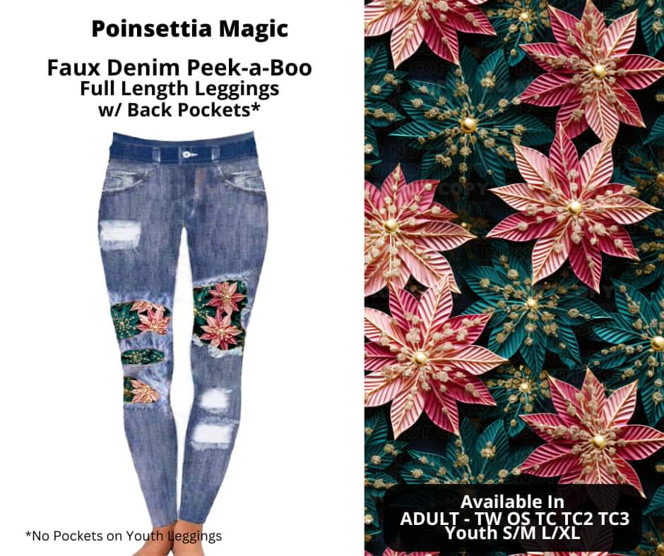 Poinsettia Magic Faux Denim Full Length Peekaboo Leggings