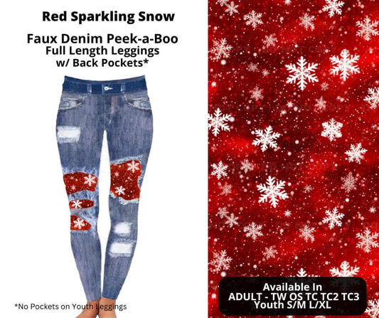 Red Sparkling Snow Faux Denim Full Length Peekaboo Leggings