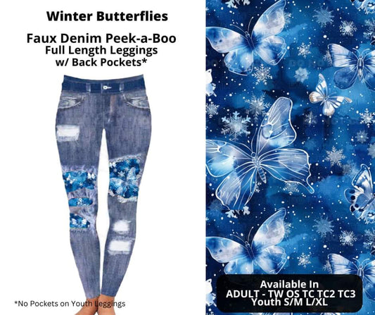 Winter Butterflies Faux Denim Full Length Peekaboo Leggings