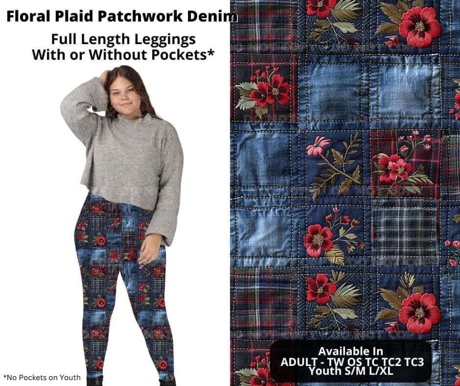 Floral Plaid Patchwork Denim Full Length Leggings w/ Pockets