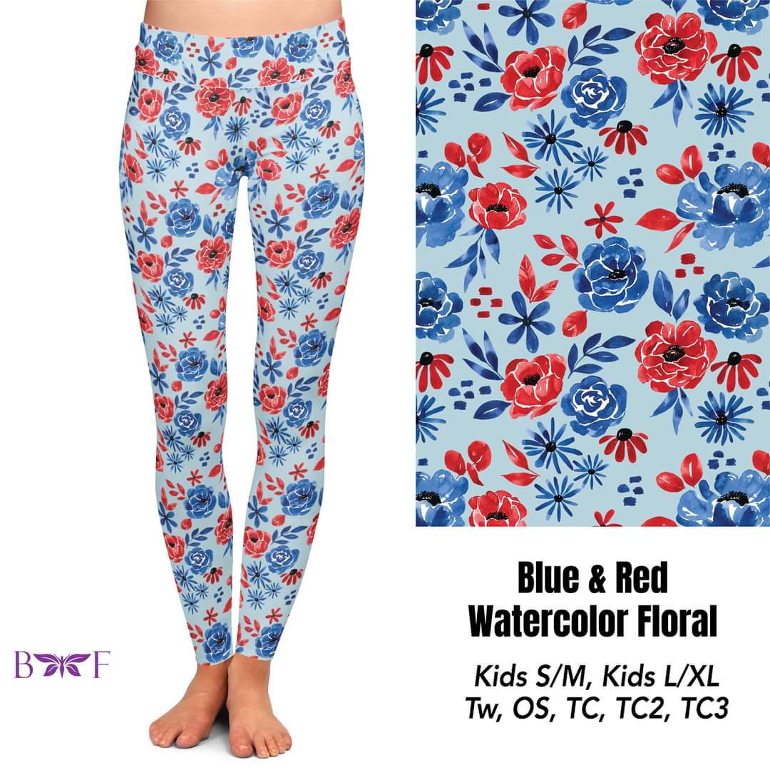 Blue & Red Watercolor Floral Leggings, Capris, Lounge Pants and Joggers *Preorder #0308