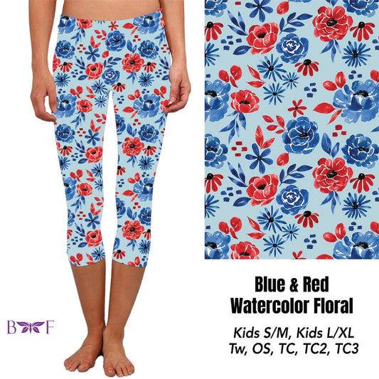 Blue & Red Watercolor Floral Leggings, Capris, Lounge Pants and Joggers