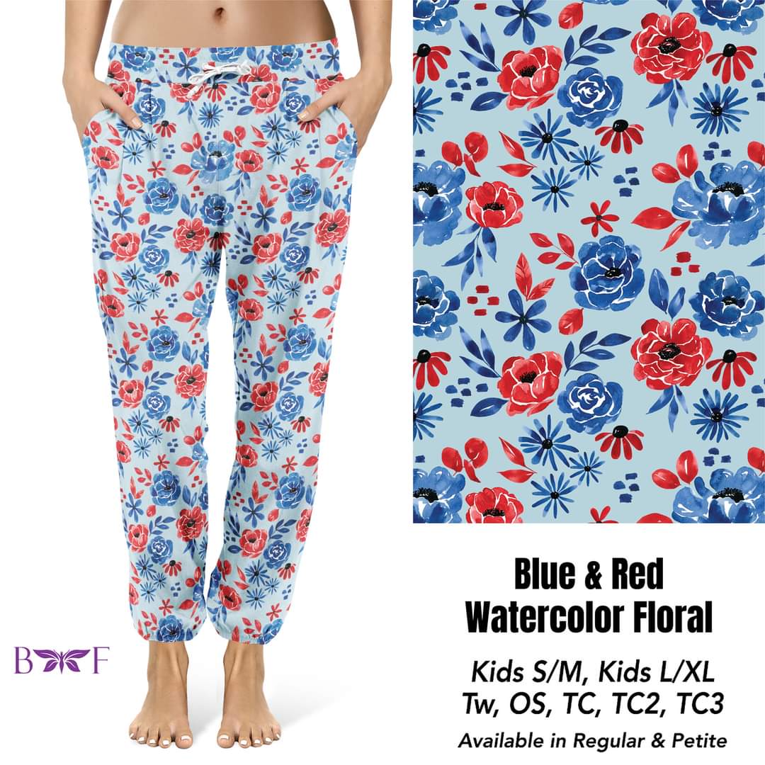 Blue & Red Watercolor Floral Leggings, Capris, Lounge Pants and Joggers *Preorder #0308