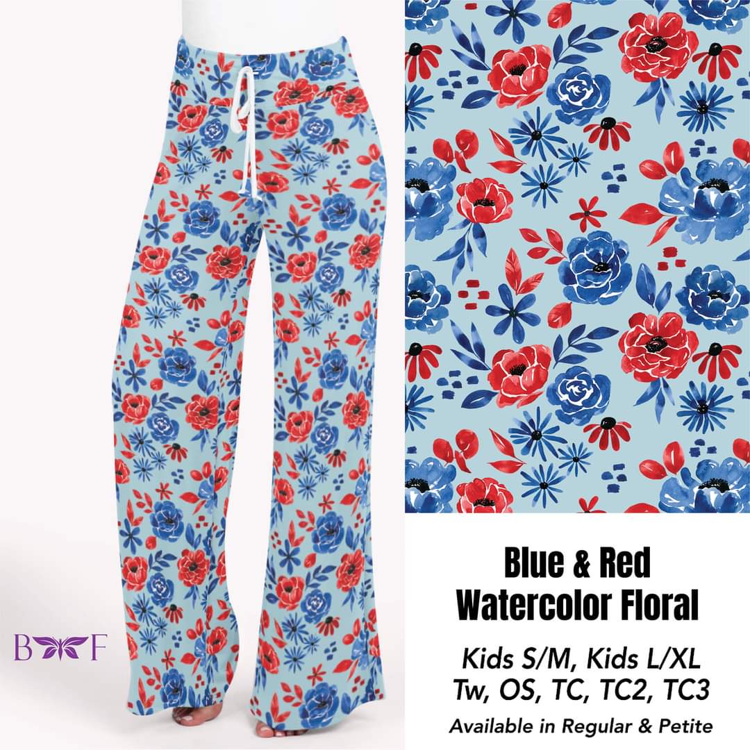 Blue & Red Watercolor Floral Leggings, Capris, Lounge Pants and Joggers *Preorder #0308