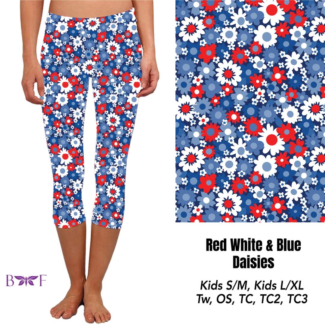White, White and Blue Daisies leggings, Capris, Lounge Pants and Joggers *Preorder #0308