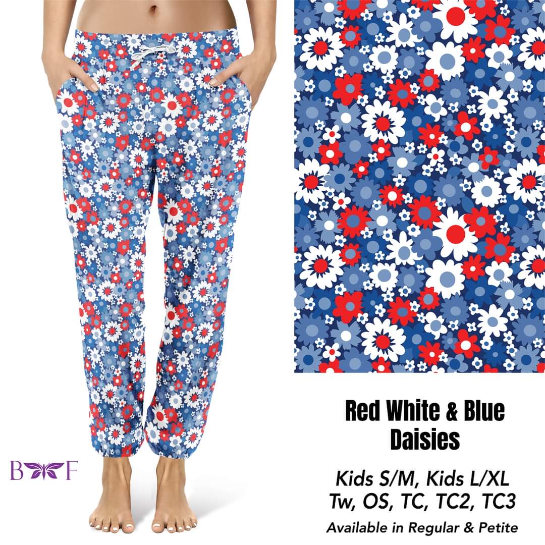 White, White and Blue Daisies leggings, Capris, Lounge Pants and Joggers *Preorder #0308