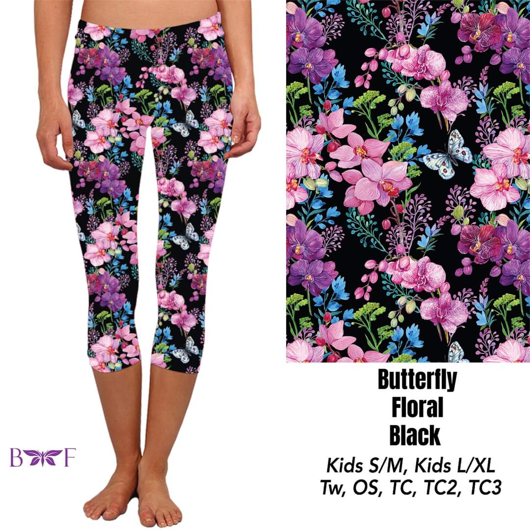 Hummingbird floral black leggings, capris, capri lounge and jogger and shorts