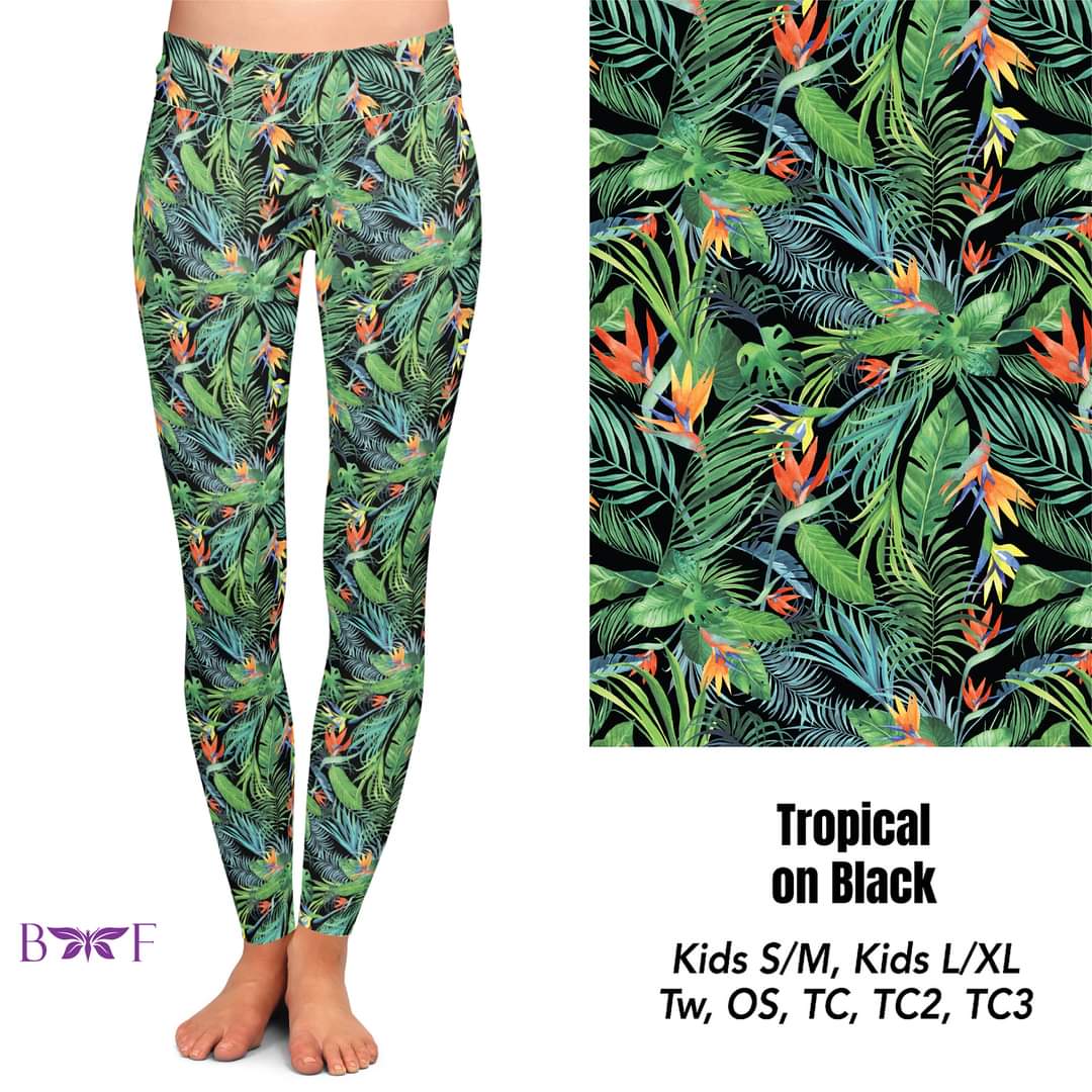 Tropical on black leggings, capris, and shorts