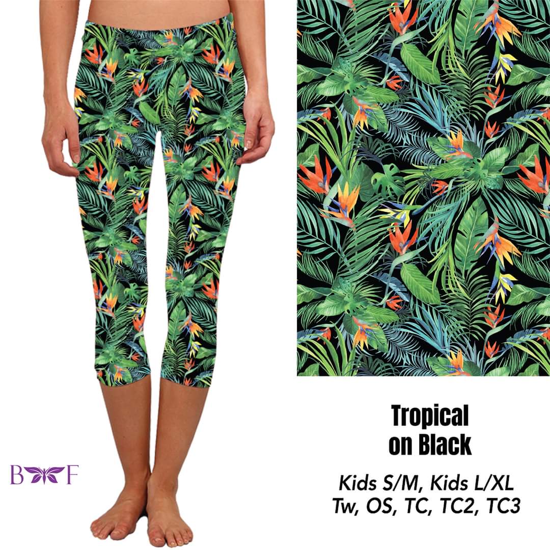 Tropical on black leggings, capris, and shorts